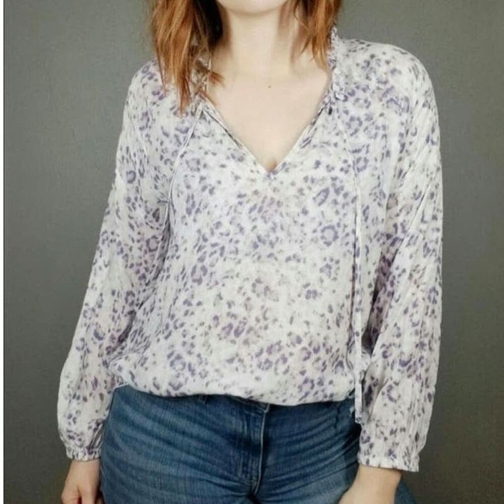 Cloth & Stone Leopard Animal Print Blouse Tie Neck Long Sleeve Purple White L - Picture 2 of 15